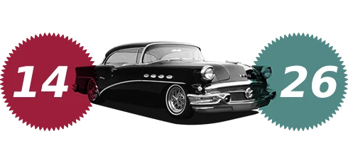A vintage car between two badges reading 14 and 26